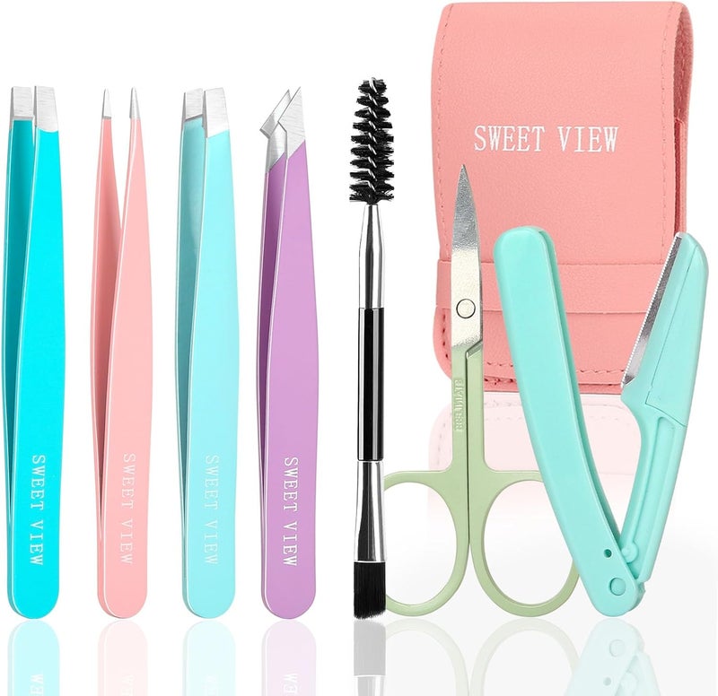 SWEET VIEW 7pcs Eyebrow Tweezers Kit for Women Precision Plucker with Brow Scissors & Razor & Spoolie for Facial, Chin, Brow, Splinter and Ingrown Hair - Image 1
